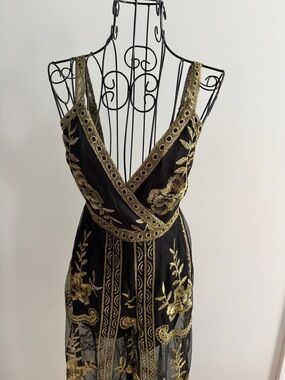 Honey Punch Black Strapless Maxi Dress with Gold Floral Embroidery